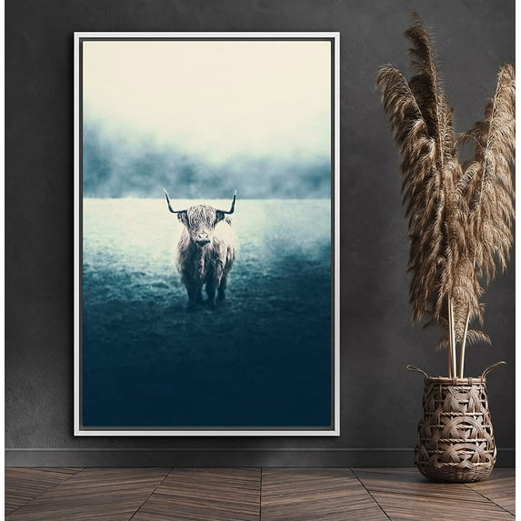 PixonSign Framed Canvas Print Wall Art Shetland Cow & Misty Grass Animals Wilderness Photography Realism Farmhouse/Country Portrait Relax/Calm Duotone for Living Room, Bedroom, Office - 24"x36" White
