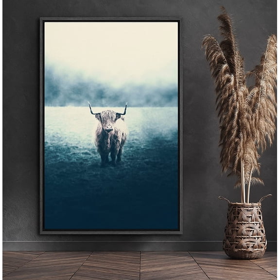 PixonSign Framed Canvas Print Wall Art Shetland Cow & Misty Grass Animals Wilderness Photography Realism Farmhouse/Country Portrait Relax/Calm Duotone for Living Room, Bedroom, Office - 16"x24" Black