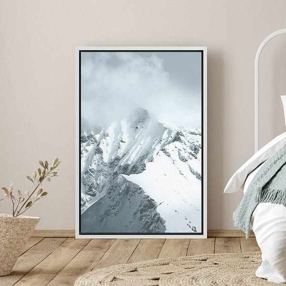 PixonSign Framed Canvas Print Wall Art Snow Capped Mountain Peak in Fog Nature Wilderness Photography Realism Modern Landscape Expressive Metallic for Living Room, Bedroom, Office - 24"x36" White