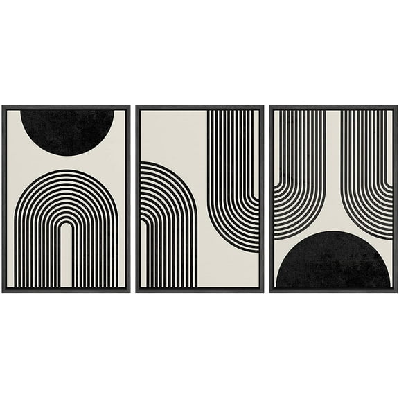 PixonSign Framed Canvas Print Wall Art Spiral Parabolas & Solid Semi Circle Geometric Shapes Drawings Modern Art Contemporary Edgy Black and White for Living Room - 16"x24"x3 BLACK
