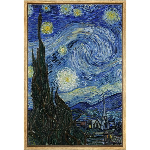 PixonSign Framed Canvas Print Wall Art Starry Night by Vincent Van Gogh Nature Wilderness Illustrations Modern Art Decorative Floral Botanical Minimal Calm/Relax/Cozy Fine Art - 16"x24" Natural