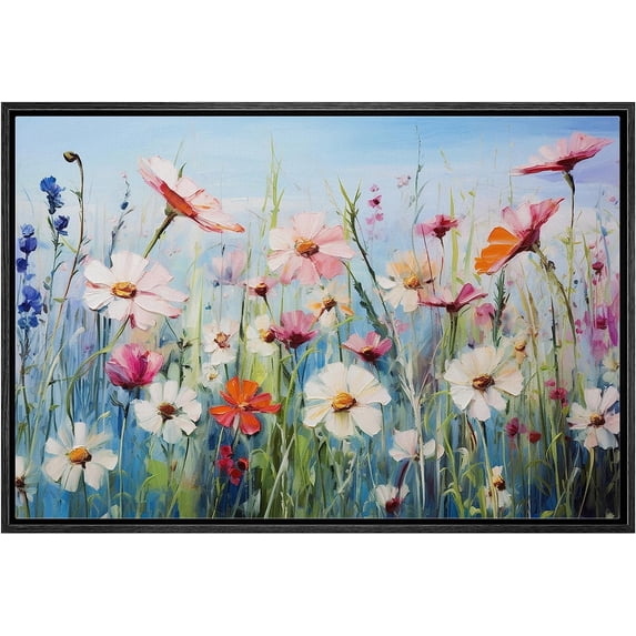 PixonSign Framed Canvas Print Wall Art Still Life Colorful Wildflower Garden Nature Wilderness Illustrations Modern Art Botanical Floral Farmhouse/Country Relax/Calm/Cozy for Bedroom - 16"x24" Black