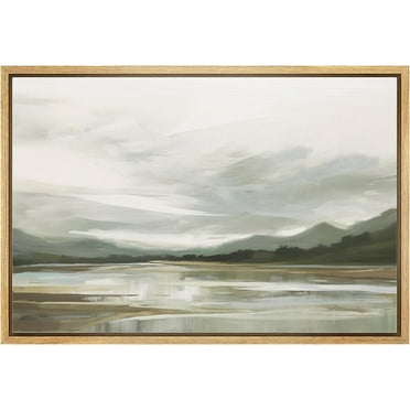 PixonSign Framed Canvas Print Wall Art Storm Cloud Mountain Range Lake Nature Wilderness Illustrations Fine Art Decorative Farmhouse/Country Relax/Calm/Cozy Multicolor Zen - 24"x36" Natural