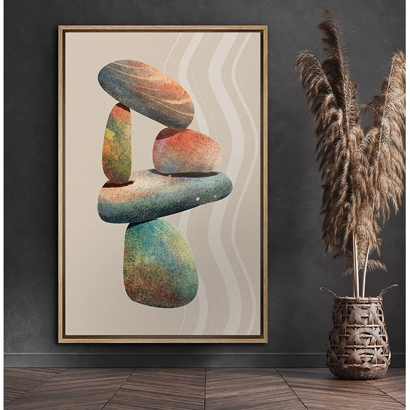 PixonSign Framed Canvas Print Wall Art Striped Multicolor Rocks Geometric Shapes Mixed Media Modern Art Minimalist Portrait Relax/Calm Ultra for Living Room, Bedroom, Office - 24"x36" Natural
