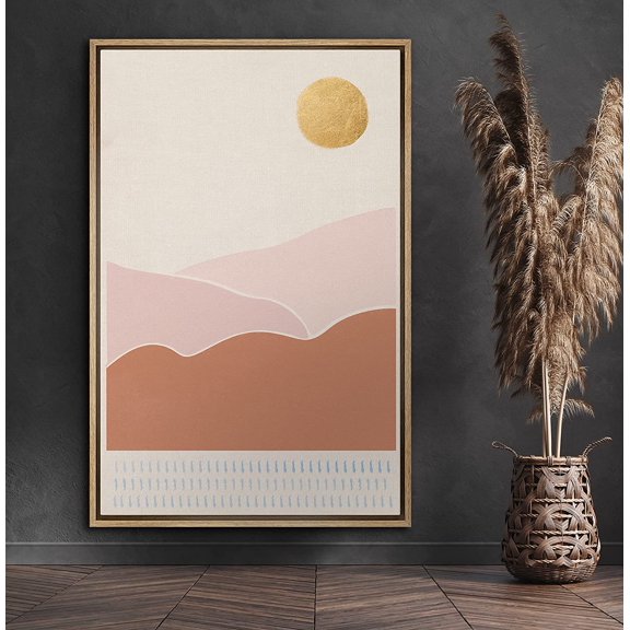 PixonSign Framed Canvas Print Wall Art Sun Above Mountains and Water Nature Wildlife Illustrations Modern Art Modern Scenic Relax/Calm Brown Warm Boho Decor for Living Room, Bedroom - 24"x36" Natural
