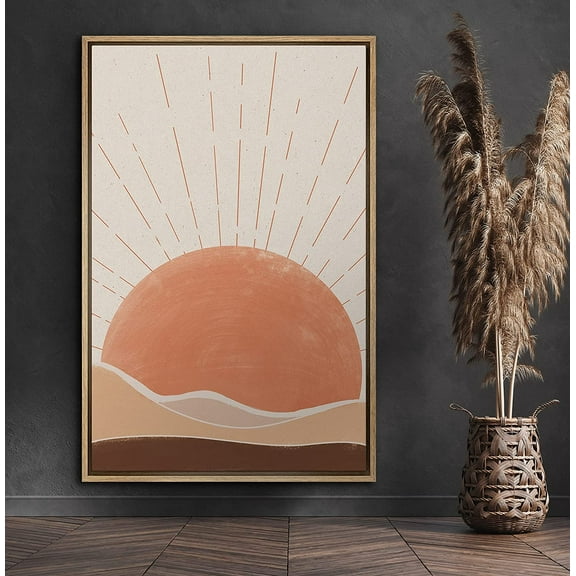 PixonSign Framed Canvas Print Wall Art Sun Rises Over Mountains Nature Wildlife Illustrations Modern Art Modern Scenic Relax/Calm Brown Warm Boho Decor for Living Room, Bedroom - 16"x24" Natural