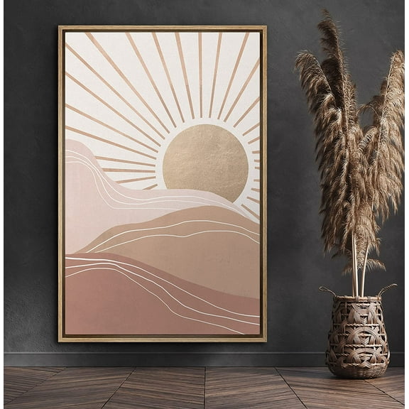 PixonSign Framed Canvas Print Wall Art Sunbeams Over Mountain Range Nature Wildlife Illustrations Modern Art Modern Scenic Relax/Calm Brown Warm Boho Decor for Living Room, Bedroom - 16"x24" Natural