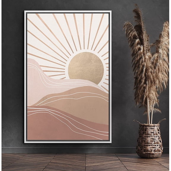PixonSign Framed Canvas Print Wall Art Sunbeams Over Mountain Range Nature Wildlife Illustrations Modern Art Modern Scenic Relax/Calm Brown Warm Boho Decor for Living Room, Bedroom - 16"x24" White