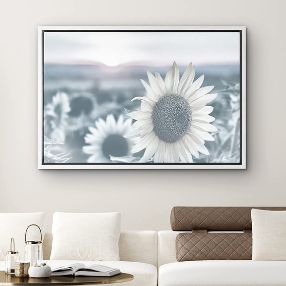 PixonSign Framed Canvas Print Wall Art Sunflower Field at Sunset Nature Plants Photography Realism Modern Scenic Relax/Calm Blue Cool for Living Room, Bedroom, Office - 24"x36" White