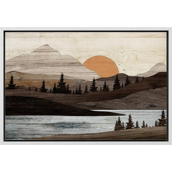 PixonSign Framed Canvas Print Wall Art Sunset Mountain Range River Nature Wilderness Digital Art Wood Panel Landscape Farmhouse/Country Relax/Calm/Cozy Geometric Abstract - 24"x36" White
