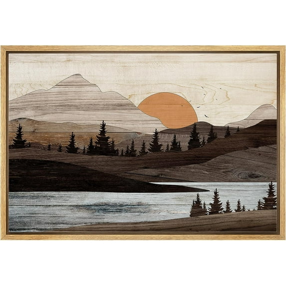 PixonSign Framed Canvas Print Wall Art Sunset Mountain Range River Nature Wilderness Digital Art Wood Panel Landscape Farmhouse/Country Relax/Calm/Cozy Geometric Abstract - 24"x36" Natural