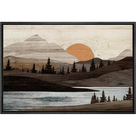 PixonSign Framed Canvas Print Wall Art Sunset Mountain Range River Nature Wilderness Digital Art Wood Panel Landscape Farmhouse/Country Relax/Calm/Cozy Geometric Abstract - 24"x36" Black