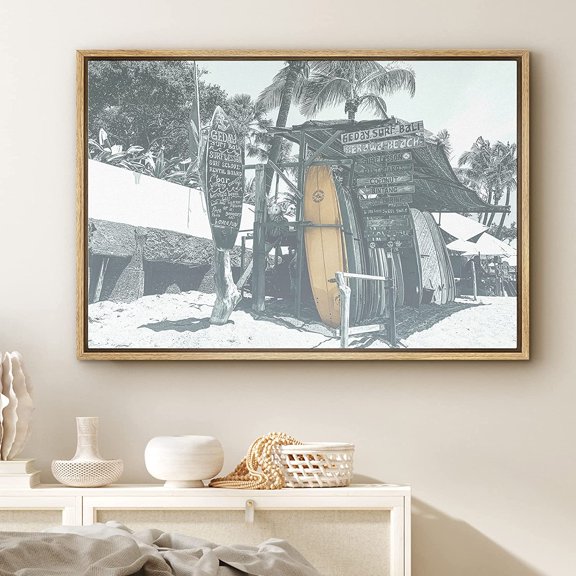 PixonSign Framed Canvas Print Wall Art Surfboard Variety in a Surf Shack Nature Ocean Photography Realism Bohemian Scenic Urban Blue Cool for Living Room, Bedroom, Office - 24"x36" Natural