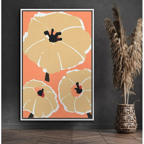 PixonSign Framed Canvas Print Wall Art Tan & Orange Flower Print Nature Wilderness Illustrations Modern Art Contemporary Colorful Multicolor for Living Room, Bedroom, Office - 16x24 White