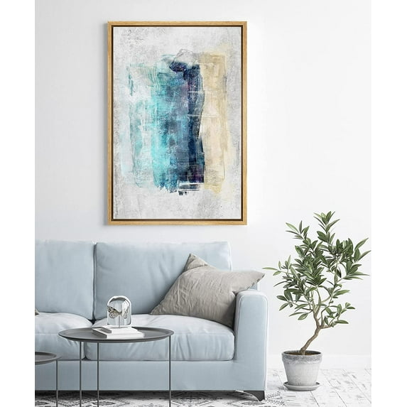 PixonSign Framed Canvas Print Wall Art Teal, Blue, Yellow Brushstrokes Abstract Shapes Illustrations Modern Art Minimalist Multicolor Pastel for Living Room, Bedroom, Office - 24"x36" Natural