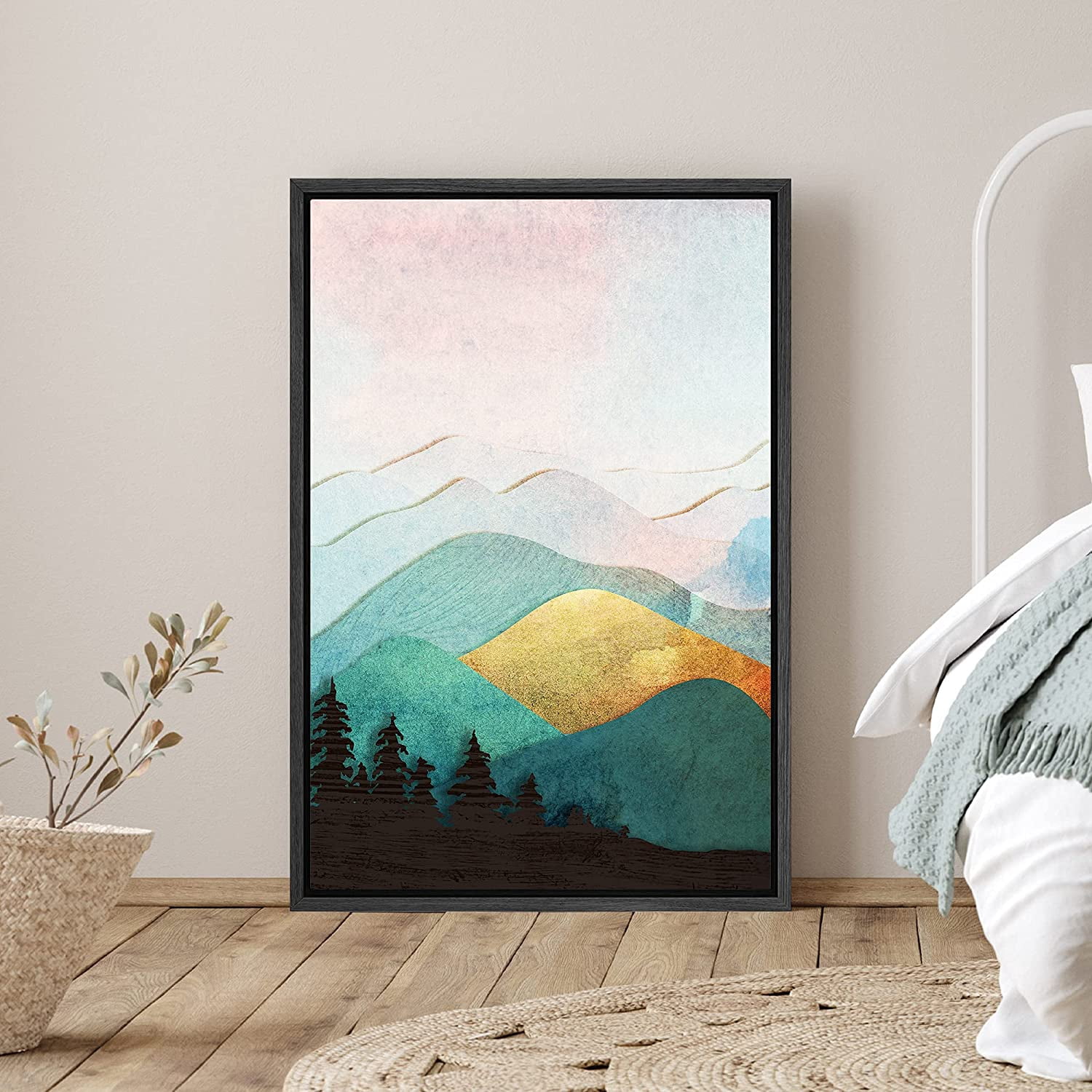 PixonSign Framed Canvas Print Wall Art Teal and Gold Mountain Peaks ...