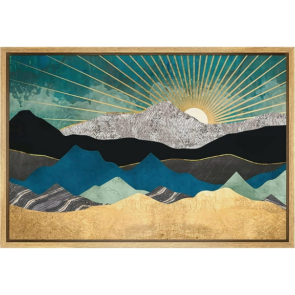 PixonSign Framed Canvas Print Wall Art Teal Gold Mountain Range Sunshine Nature Wilderness Illustrations Modern Art Rustic Zen Landscape Colorful - 16"x24" Natural