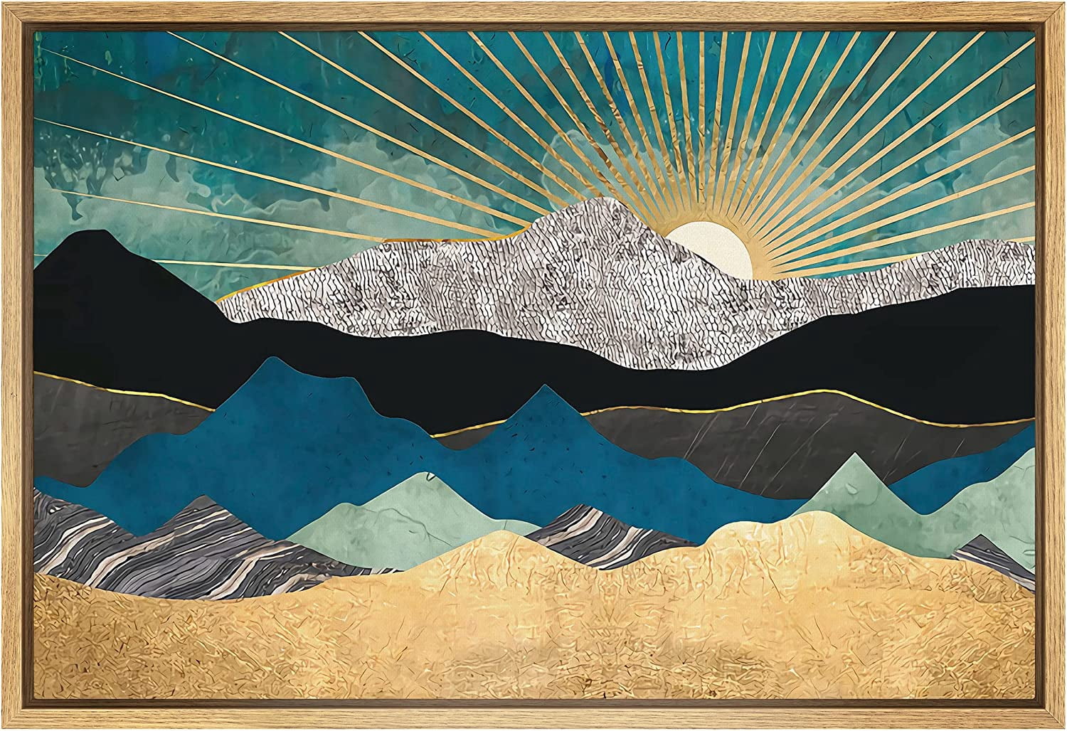 PixonSign Framed Canvas Print Wall Art Teal Gold Mountain Range ...