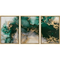 PixonSign Framed Canvas Print Wall Art Teal Green Gold Marble Smoke Landscape Abstract Shapes Illustrations Mid-Century Modern Minimalism Scenic Relax/Calm Multicolor Zen - 16"x24"x3 Natural