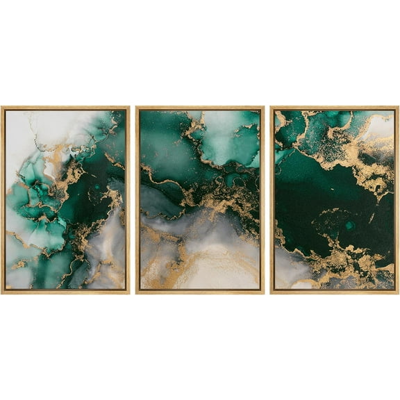 PixonSign Framed Canvas Print Wall Art Teal Green Gold Marble Smoke Landscape Abstract Shapes Illustrations Mid-Century Modern Minimalism Scenic Relax/Calm Multicolor Zen - 16"x24"x3 Natural
