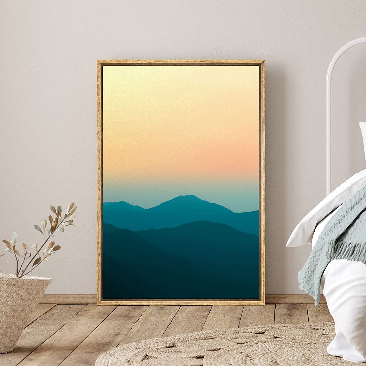 PixonSign Framed Canvas Print Wall Art Teal Mountain Silhouette Nature ...