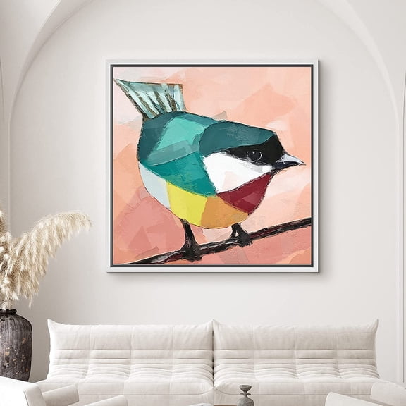 PixonSign Framed Canvas Print Wall Art Teal, Red, Orange Finch Animals Wilderness Illustrations Modern Art Chic Closeup Colorful Multicolor Ultra for Living Room, Bedroom, Office - 24"x24" White