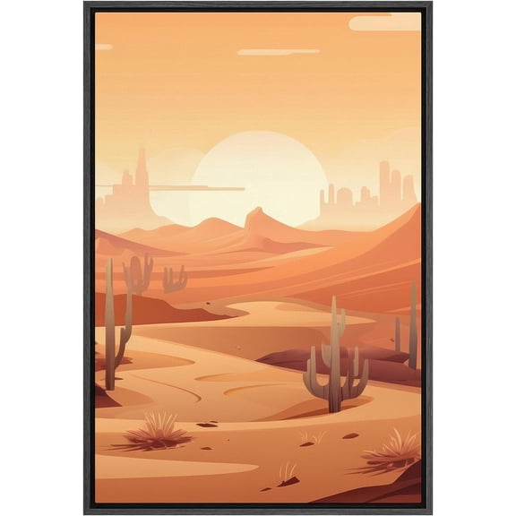 PixonSign Framed Canvas Print Wall Art Texas Country Saguaro Cactus Desert Nature Wilderness Illustrations Decorative Bohemian Rustic Mid-Century Modern Desert Landscape - 16"x24" Black
