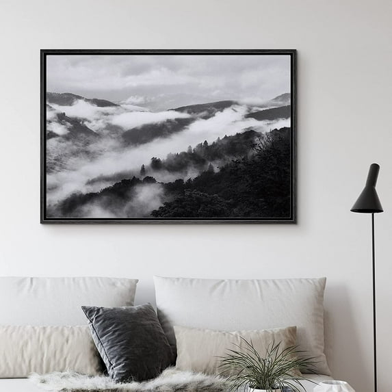 PixonSign Framed Canvas Print Wall Art Thick White Fog & Mountains Nature Wilderness Photography Realism Rustic Relax/Calm Grey Dark Black and White for Living Room, Bedroom, Office - 24"x36" Black