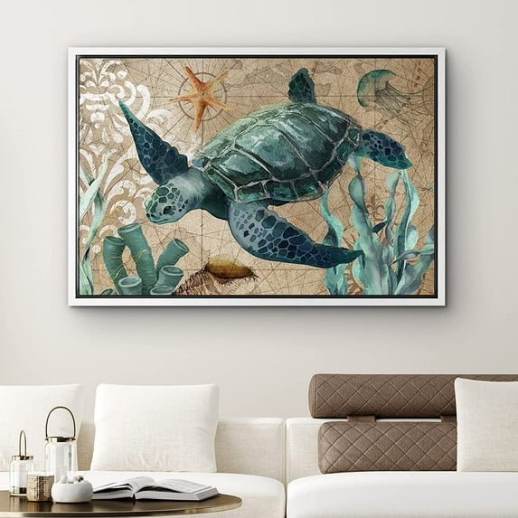 PixonSign Framed Canvas Print Wall Art Top View of Turtle and Jellyfish Animals Ocean Illustrations Modern Art Beach Relax/Calm Multicolor Ultra for Living Room, Bedroom, Office - 16"x24" White