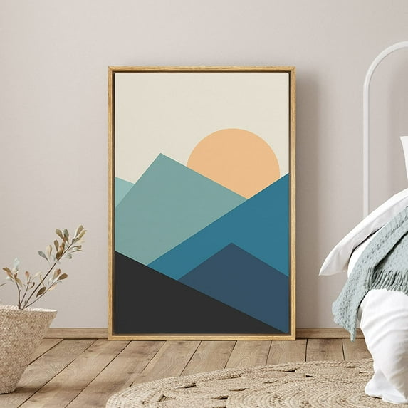 PixonSign Framed Canvas Print Wall Art Triangular Mountains and Sun Abstract WildLife Illustrations Modern Art Rustic Scenic Colorful Multicolor Boho Decor for Living Room, Bedroom - 16"x24"