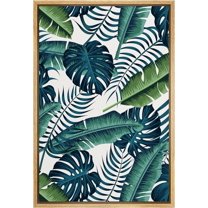 PixonSign Framed Canvas Print Wall Art Tropical Blue Green Teal Jungle Monstera Leaf Pattern Nature Wilderness Illustrations Modern Art Cozy Decorative Colorful Multicolor - 16"x24" Natural