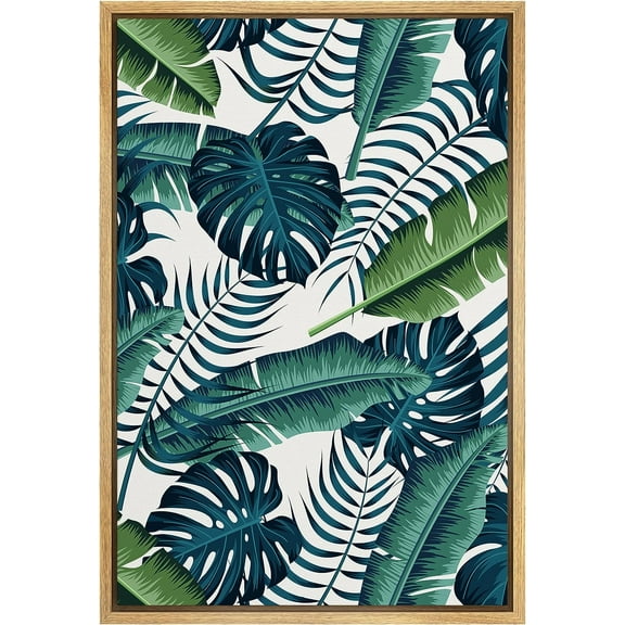 PixonSign Framed Canvas Print Wall Art Tropical Blue Green Teal Jungle Monstera Leaf Pattern Nature Wilderness Illustrations Modern Art Cozy Decorative Colorful Multicolor - 16"x24" Natural
