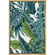 PixonSign Framed Canvas Print Wall Art Vibrant Blue & Green Teal Jungle Banana Monstera Leaf Nature Wilderness Illustrations Modern Art Decorative Colorful Multicolor - 16"x24" Natural