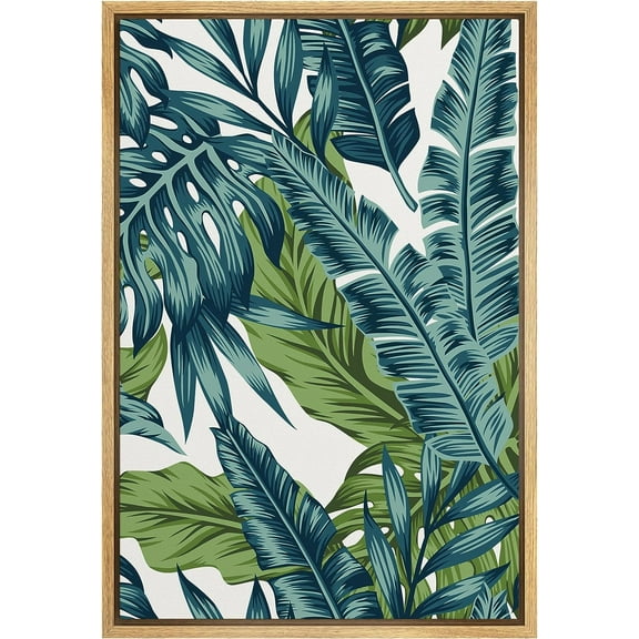 PixonSign Framed Canvas Print Wall Art Vibrant Blue & Green Teal Jungle Banana Monstera Leaf Nature Wilderness Illustrations Modern Art Decorative Colorful Multicolor - 16"x24" Natural