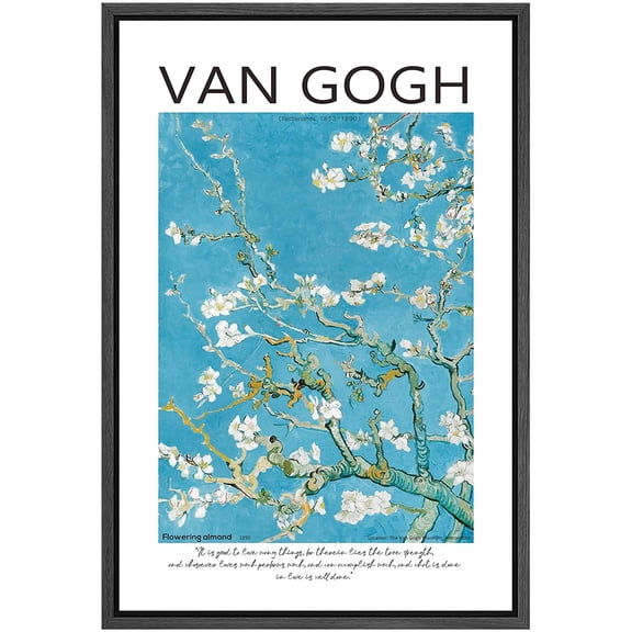 PixonSign Framed Canvas Print Wall Art Vincent Van Gogh Flowering Almond Blossoms Classic Vintage Illustrations Fine Art Decorative Multicolor for Living Room, Bedroom, Office - 16"x24" BLACK