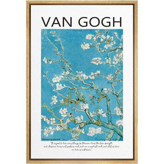 PixonSign Framed Canvas Print Wall Art Vincent Van Gogh Flowering Almond Blossoms Classic Vintage Illustrations Fine Art Decorative Multicolor for Living Room, Bedroom, Office - 24"x36" NATURAL