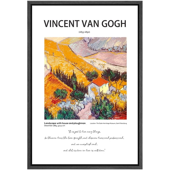 PixonSign Framed Canvas Print Wall Art Vincent Van Gogh Landscape House Ploughman Classic Vintage Illustrations Fine Art Decorative Multicolor for Living Room, Bedroom, Office - 24"x36" BLACK