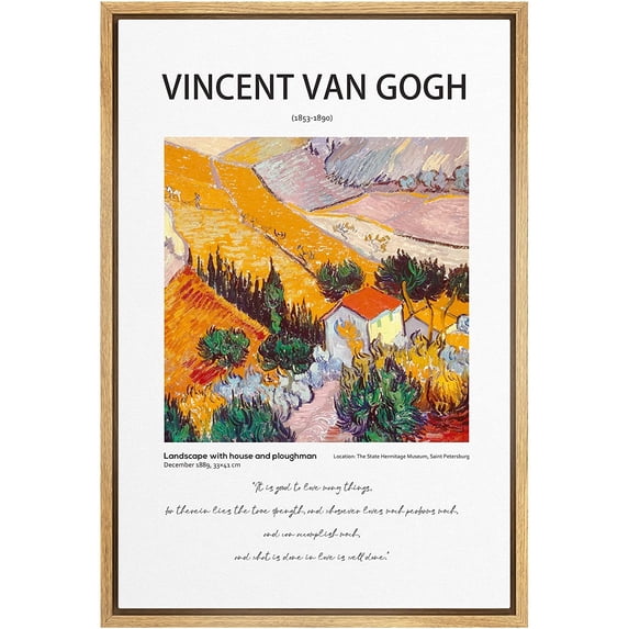 PixonSign Framed Canvas Print Wall Art Vincent Van Gogh Landscape House Ploughman Classic Vintage Illustrations Fine Art Decorative Multicolor for Living Room, Bedroom, Office - 24"x36" NATURAL
