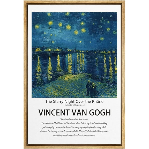 PixonSign Framed Canvas Print Wall Art Vincent Van Gogh Starry Night Over Rhone Classic Vintage Illustrations Fine Art Decorative Multicolor for Living Room, Bedroom, Office - 24"x36" NATURAL