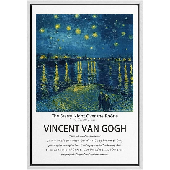 PixonSign Framed Canvas Print Wall Art Vincent Van Gogh Starry Night Over Rhone Classic Vintage Illustrations Fine Art Decorative Multicolor for Living Room, Bedroom, Office - 16"x24" WHITE
