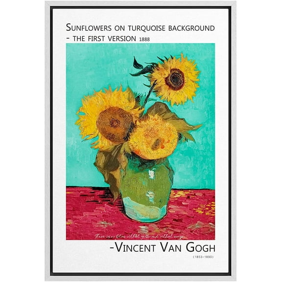 PixonSign Framed Canvas Print Wall Art Vincent Van Gogh Sunflower Turquoise Background Classic Vintage Illustrations Fine Art Decorative Multicolor for Living Room, Bedroom, Office - 24"x36" WHITE