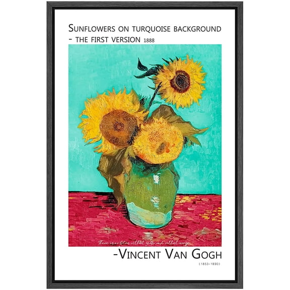 PixonSign Framed Canvas Print Wall Art Vincent Van Gogh Sunflower Turquoise Background Classic Vintage Illustrations Fine Art Decorative Multicolor for Living Room, Bedroom, Office - 16"x24" BLACK