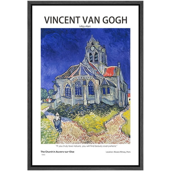 PixonSign Framed Canvas Print Wall Art Vincent Van Gogh Watercolor Church in Auvers Classic Vintage Illustrations Fine Art Decorative Multicolor for Living Room, Bedroom, Office - 24"x36" BLACK