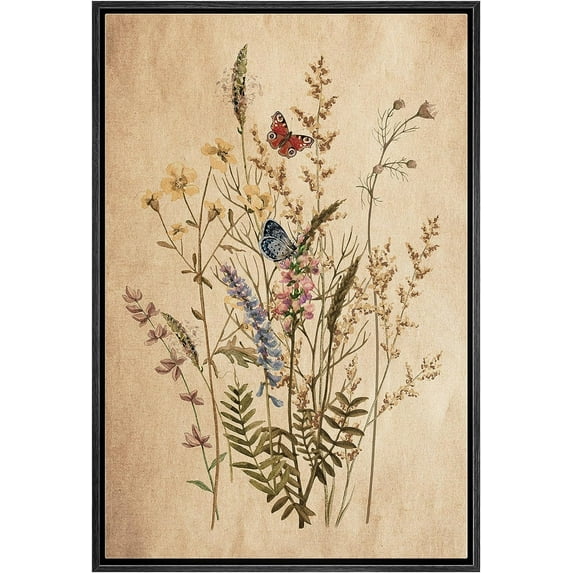 PixonSign Framed Canvas Print Wall Art Vintage Garden Wildflower Still Life Nature Wilderness Illustrations Modern Art Botanical Floral Farmhouse/Country Relax/Calm/Cozy - 16"x24" Black