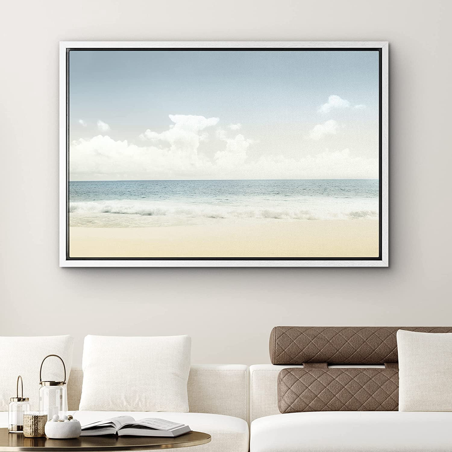 PixonSign Framed Canvas Print Wall Art Washed Out Beach Horizon and ...