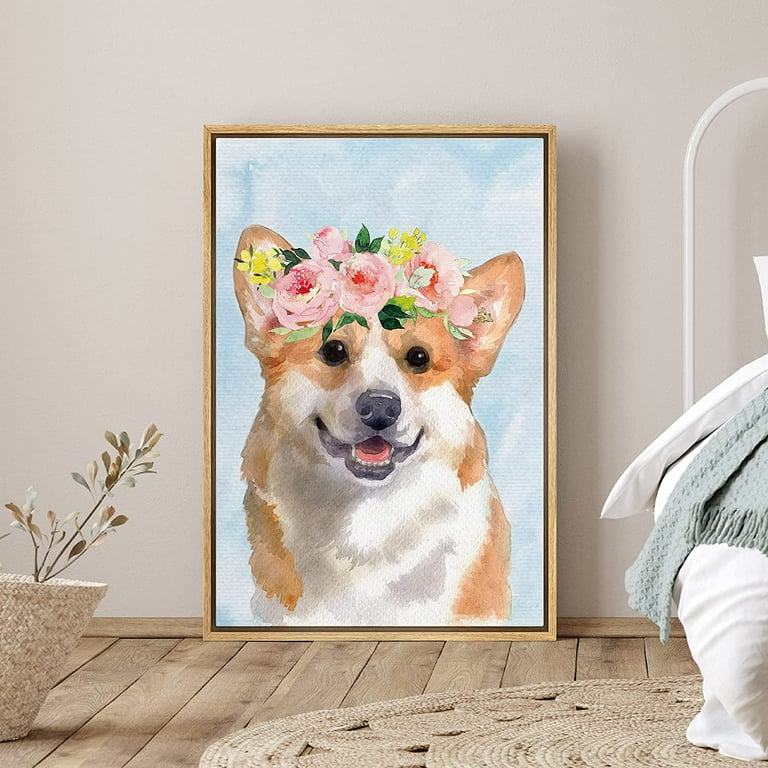 PixonSign Framed Canvas Print Wall Art Watercolor Corgi with Crown Animals Flower Illustrations Modern Art Contemporary Colorful Multicolor Pastel for