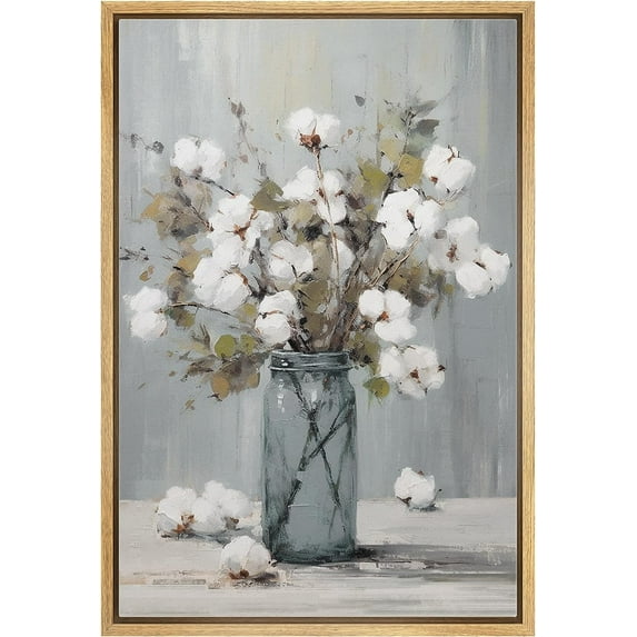 PixonSign Framed Canvas Print Wall Art Watercolor Cotton Flower Still Life Nature Wilderness Illustrations Modern Art Botanical Floral Farmhouse/Country Relax/Calm/Cozy - 24"x36" Natural