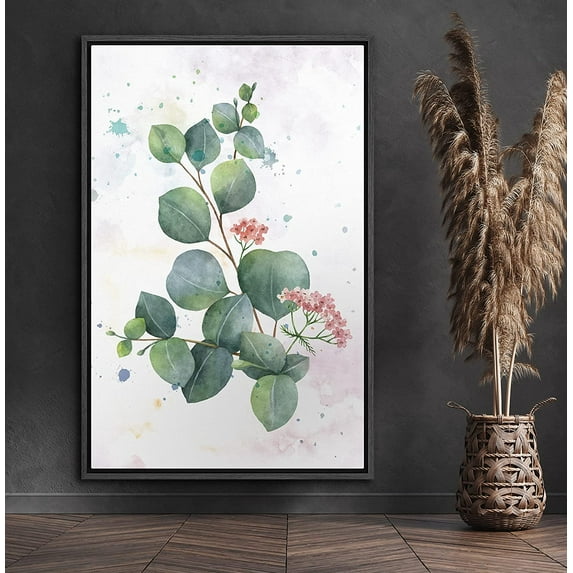 PixonSign Framed Canvas Print Wall Art Watercolor Green Leaves Nature Wilderness Illustrations Modern Art Contemporary Multicolor Pastel for Living Room, Bedroom, Office - 16x24 Black