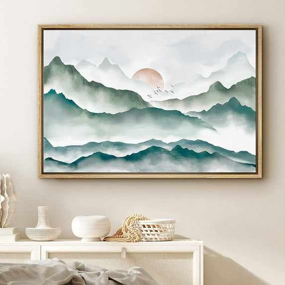 PixonSign Framed Canvas Print Wall Art Watercolor Mountain Range and Sun Nature Wilderness Illustrations Modern Art Contemporary Scenic Colorful for Living Room, Bedroom, Office - 24"x36" Natural