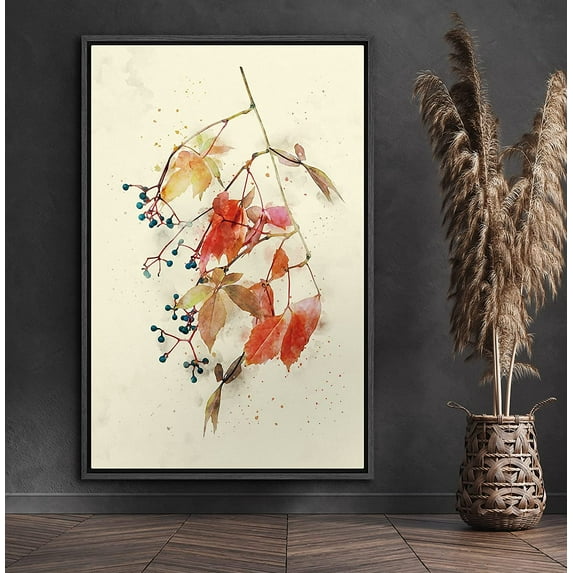 PixonSign Framed Canvas Print Wall Art Watercolor Orange Leaves Nature Wilderness Illustrations Modern Art Contemporary Multicolor Pastel for Living Room, Bedroom, Office - 24x36 Black